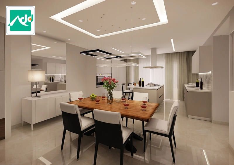 Ý tưởng thiết kế phòng khách liền kề với khu vực ăn uống của căn hộ chung cư 130m2