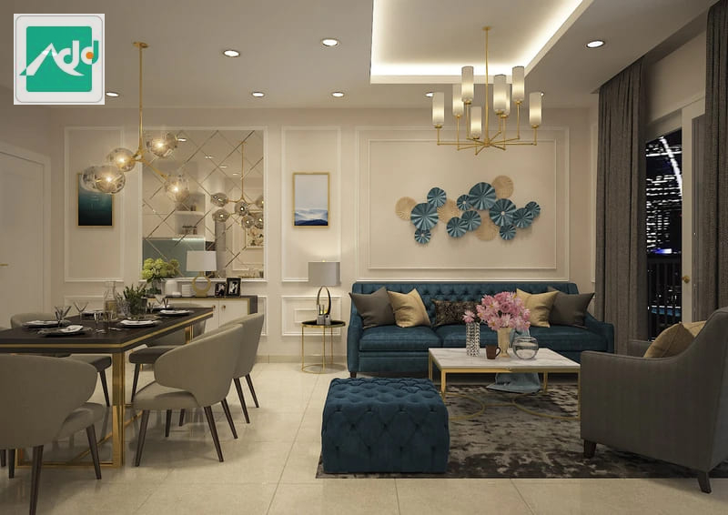 Ý tưởng thiết kế phòng khách liền kề với khu vực ăn uống của căn hộ chung cư 130m2