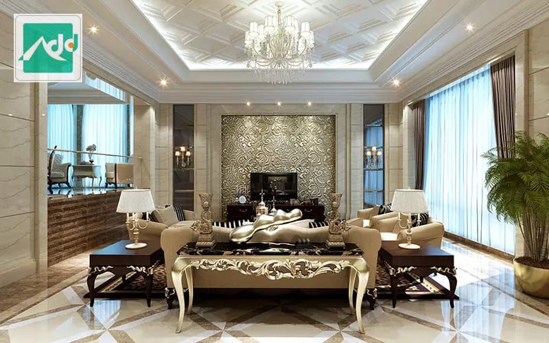 Thiết kế phòng khách phong cách tân cổ điển sang trọng, nội thất được điêu khắc sắc sảo