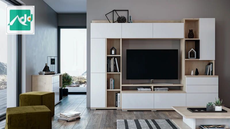 Một kệ tivi đẹp tối giản với bảng điều khiển bằng gỗ sẽ giúp căn phòng luôn phong cách và ngăn nắp.