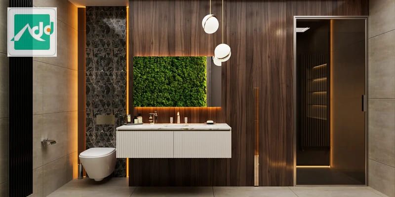 Phòng tắm vật liệu vân gỗ kết hợp đá trang trí ốp tường trong căn hộ chung cư 110m2