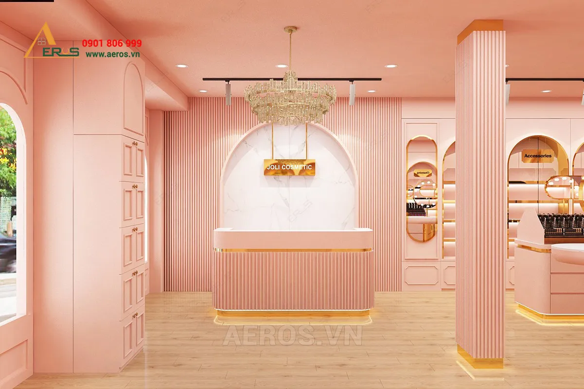 Kiến Trúc Cộng thiết kế reception shop mỹ phẩm joli cosmetic