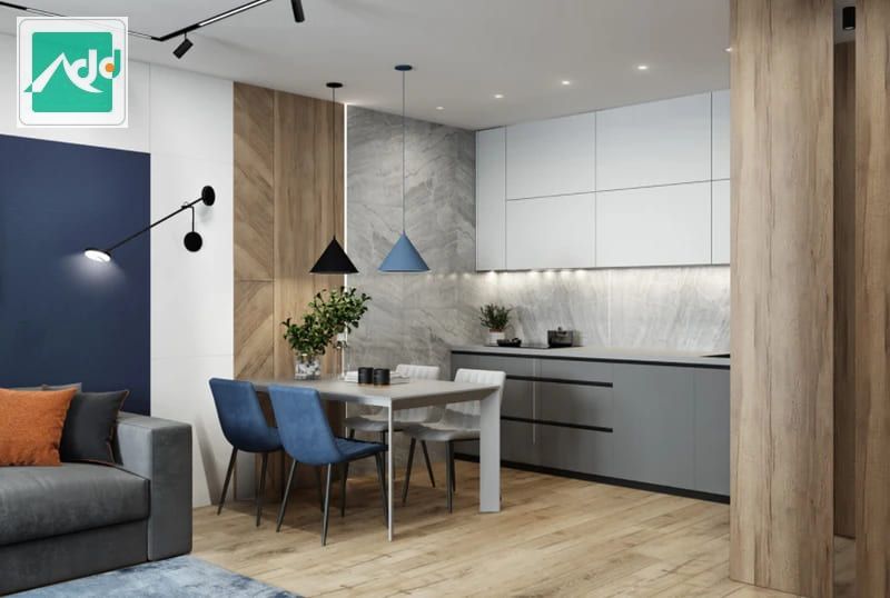 Ý tưởng thiết kế phòng bếp liên thông với khu vực ăn uống của căn hộ chung cư 100m2